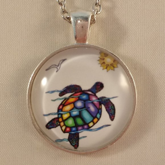 Kristy's Jewels Jewelry - Silver Mystical Rainbow Sea Turtle Cabochon Pendant Chain Necklace Party Gift